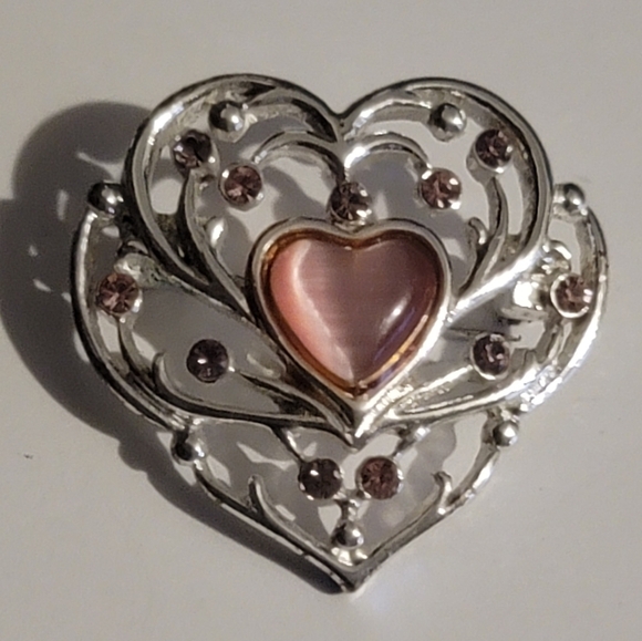 VINTAGE Heart Brooch Pin Silver Tone Pink Glass Cabochon Rhinestone - Picture 6 of 11